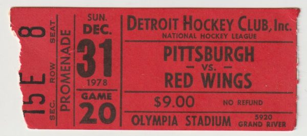 1978 Detroit Red Wings ticket stub vs Pittsburgh Dec 31 Pete Mahovlich