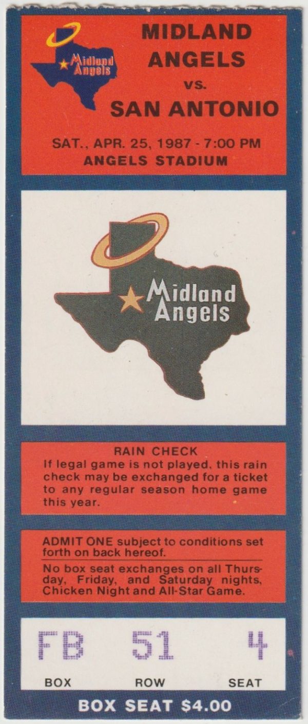 1987 Midland Angels ticket stub vs San Antonio Missions Apr 25