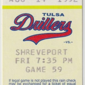 1992 Tulsa Drillers ticket stub vs Shreveport Captains Aug 14