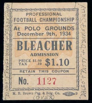 1934 NFL Championship Game ticket stub Bears Giants 1025