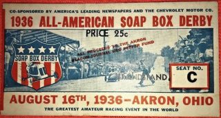 1936 All-American International Soap Box Derby Akron Ohio Ticket