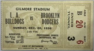 1936 Los Angeles Bulldogs vs Brooklyn Dodgers Football Ticket Stub 30