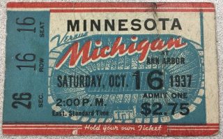 1937 NCAAF Michigan ticket stub vs Minnesota 45