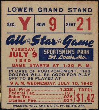 1940 All-Star Game Sportsman's Park Ticket Stub 147.50