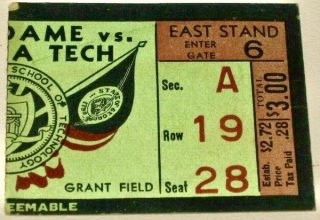 1941 NCAAF Notre Dame ticket stub vs Georgia Tech 125