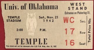 1942 NCAAF Temple Owls ticket stub vs Oklahoma 25