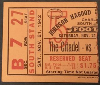 1942 NCAAF The Citadel Ticket Stub vs Davidson 7