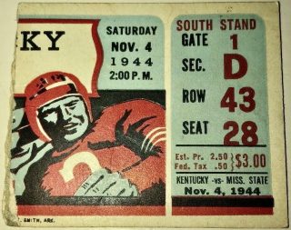 1944 NCAAF Kentucky Wildcats ticket stub vs Mississippi State 12