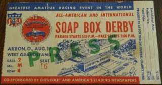 1947 All-American & International Soap Box Derby Akron Ohio Press Pass Ticket