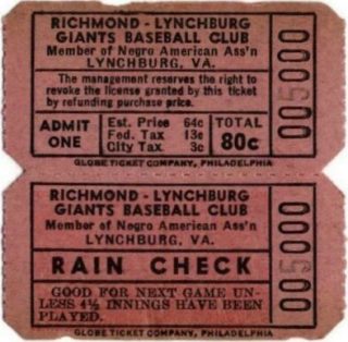 1949 Negro League ticket stub Richmond Lynchburg Giants 20.58