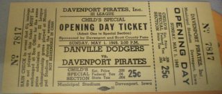 1949 Opening Day ticket Danville Dodgers vs Davenport Pirates 10