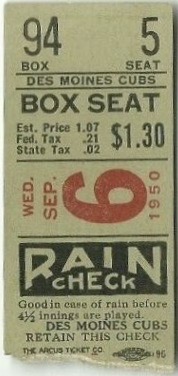 1950 Des Moines Cubs ticket stub 30
