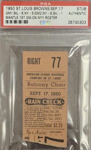 1950 Mickey Mantle's First game on New York Yankees roster ticket stub 450