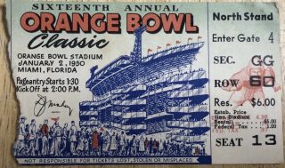 1950 Orange Bowl ticket stub 50