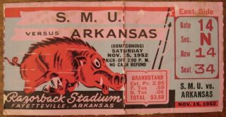 1952 NCAAF Arkansas Razorbacks ticket stub vs SMU 15.50