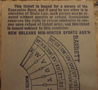 1953 Sugar Bowl Ticket w:Racial Restrictions on Reverse Authentic back