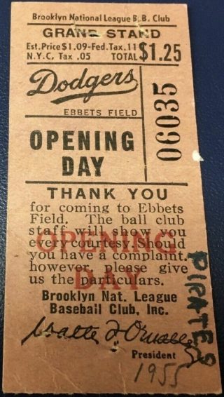 1955 Brooklyn Dodgers Opening Day ticket stub 182