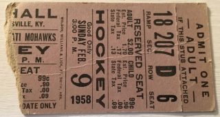1958 IHL Louisville Rebels ticket stub vs Cincinnati Mohawks