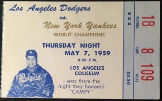 1959 Roy Campanella Night ticket stub 51