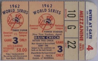1962 World Series Game 3 ticket stub Yankees vs Giants 20.50