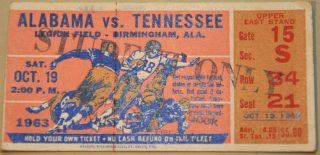 1963 NCAAF Alabama ticket stub vs Tennessee 35