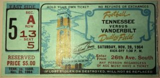 1964 NCAAF Vanderbilt Commodores ticket stub vs Tennessee 10