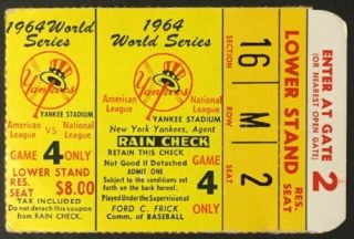 1964 World Series Game 4 ticket stub Yankees vs Cardinals 60