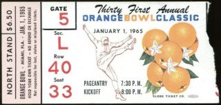 1965 Orange Bowl ticket stub Texas vs Alabama Joe Namath 125