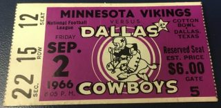 1966 Dallas Cowboys ticket stub vs Vikings 100