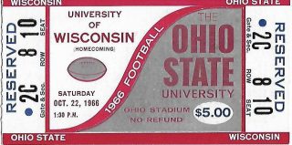 1966 NCAAF Wisconsin Badgers ticket stub vs Ohio State 45