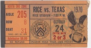 1970 NCAAF Rice Owls ticket stub vs Texas 8