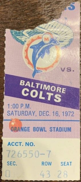 1972 Dolphins Perfect Season ticket stub vs Colts 50