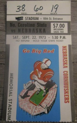 1973 NCAAF Nebraska Cornhuskers ticket stub vs North Carolina State 2