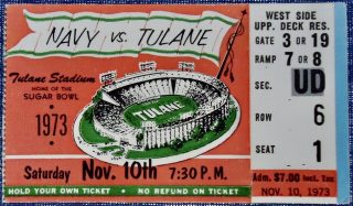 1973 NCAAF Tulane ticket stub vs Navy 15