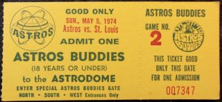 1974 Astros Buddies Astros ticket stub vs Cardinals Game Ticket 12