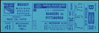1974 New York Rangers ticket stub vs Penguins 10