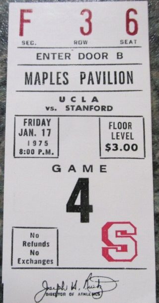 1975 NCAAMB Stanford ticket stub vs UCLA 10