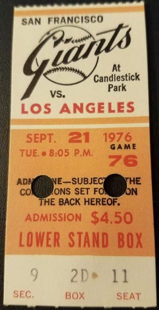 1976 San Francisco Giants ticket stub vs Dodgers 21.71