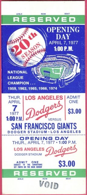 1977 Dodgers Opening Day ticket stub vs Giants 40