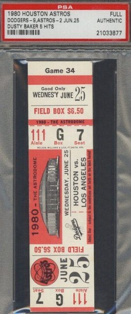 1980 Astros ticket stub vs Dodgers Dusty Baker 5 Hits 8
