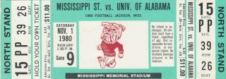 1980 NCAAF Mississippi State ticket stub vs Alabama 17