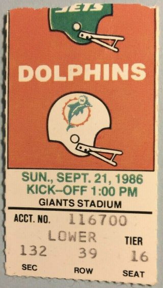 1986 Dan Marino 6 TD ticket stub Jets vs Dolphins 40