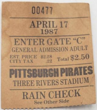 1987 Pittsburgh Pirates Ticket Stub vs 15