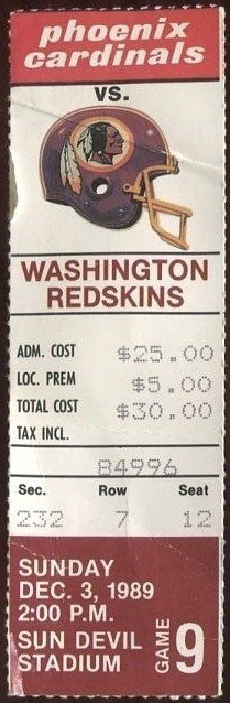 1989 Arizona Cardinals ticket stub vs Washington 7