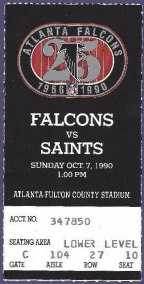 1990 Atlanta Falcons Ticket Stub vs Saints 8.45