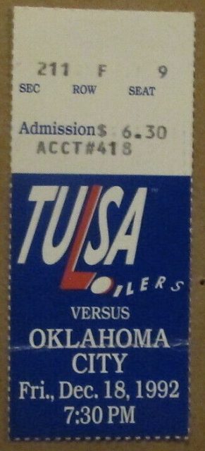 1992 CHL Tulsa Oilers ticket stub vs Blazers