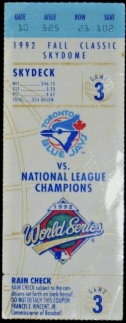 1992 World Series Game 3 ticket stub Blue Jays vs Braves 37