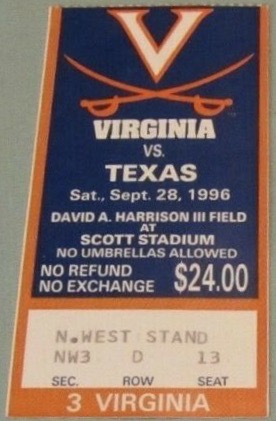 1996 NCAAF Virginia Cavaliers Ticket Stub vs Texas 10