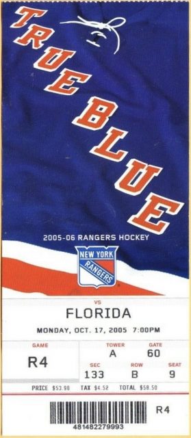 2005 New York Rangers ticket stub vs Florida Henrik Lundqvist 1st shutout 50