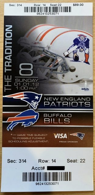 2012 New England Patriots ticket stub vs Buffalo 250